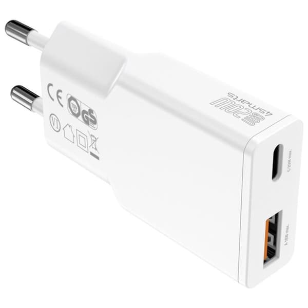 4smarts Snabbladdare 20W 1xUSB-C 1xUSB-A GaN med Kabel - Vit Vit