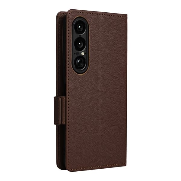 Sony Xperia 1 VII Plånboksfodral Litchi Texture Med Rem Brun