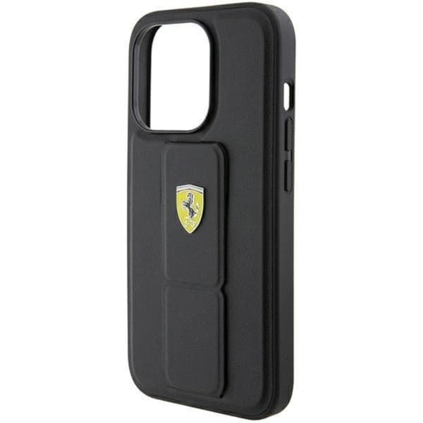 Ferrari Telefontaske til iPhone 15 Pro Grip Stand Metal Logo - Sort Black