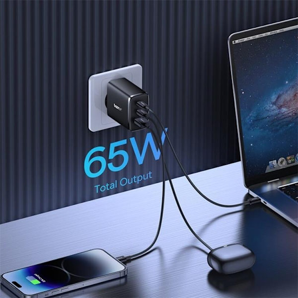 Baseus GaN Väggladdare 2x USB-C Till USB-A 65W Cube Pro - Svart Svart