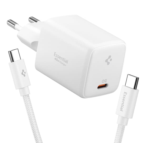 Spigen EE451EU Essential 1-Port Snabbladdare 45W + Typ-C Kabel - Vit Vit