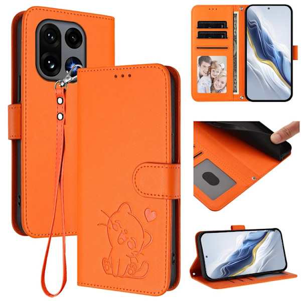 OnePlus 15 Konstläder Plånboksfodral Love Cat Pattern Imprint Orange