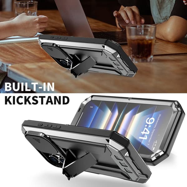 R-JUST Mobilskal till iPhone 16 Kickstand Silicone+Metal+PC TempeRöd Glass Svart