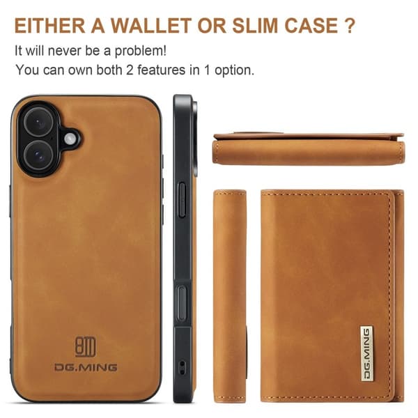 DG.MING M1 Series Mobilskal till iPhone 16 Plus Kickstand PU - Brun