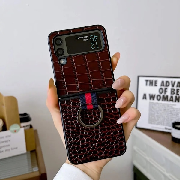 Galaxy Z Flip4 5G Mobilskal Ringhållare Äkta läder - Kaffe