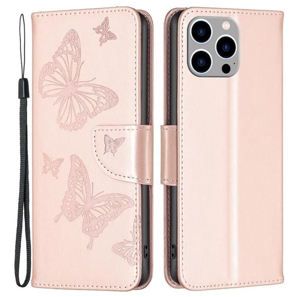 iPhone 14 Pro Plånboksfodral Butterflies Imprinted - Rosa Guld Roséguld