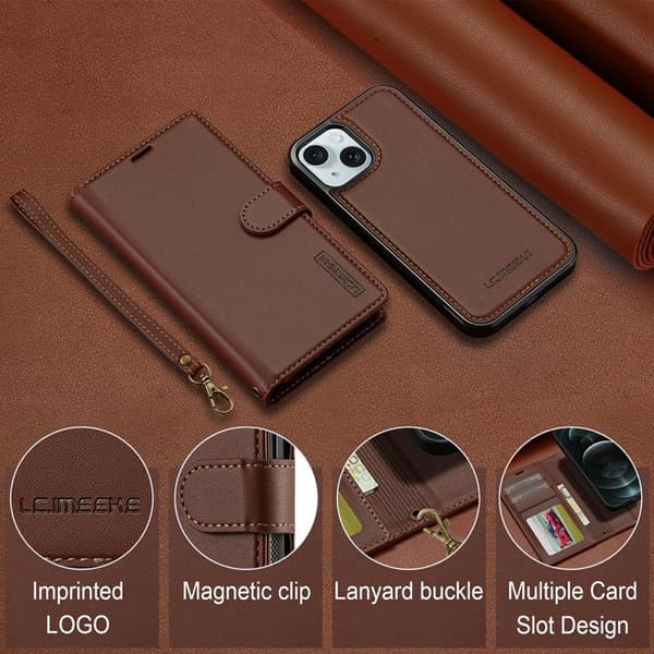 LC.IMEEKE L2 Series iPhone 15 Plånboksfodral Konstläder - Brun