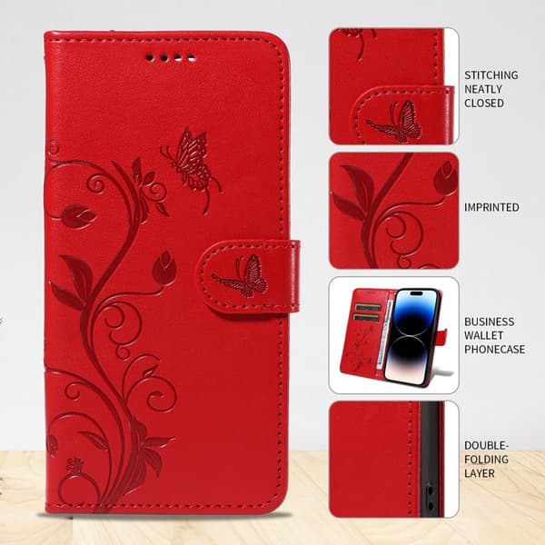 Plånboksfodral för Samsung Galaxy S26 Plus Konstläder Blommönster - Röd