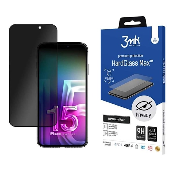 3MK iPhone 15 Härdat Glas Skärmskydd Max Privacy Svart