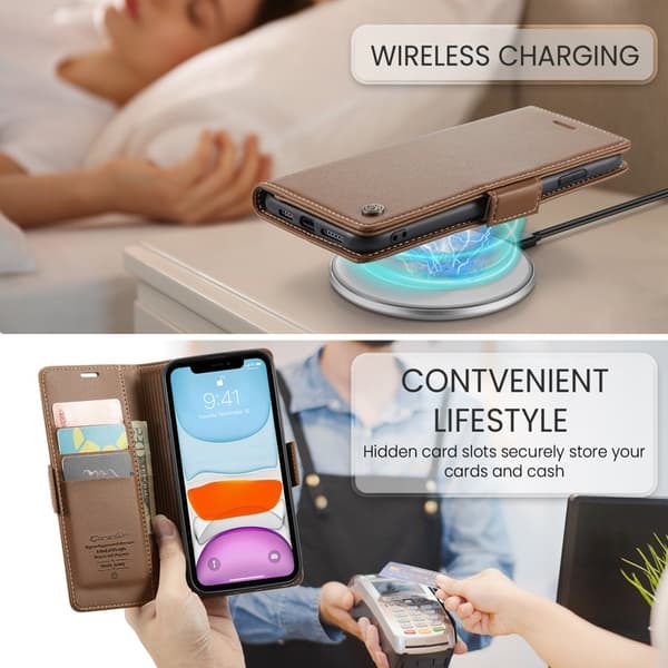 CASEME iPhone 11 Plånboksfodral Konstläder RFID-Skydd 3 Kort Brun