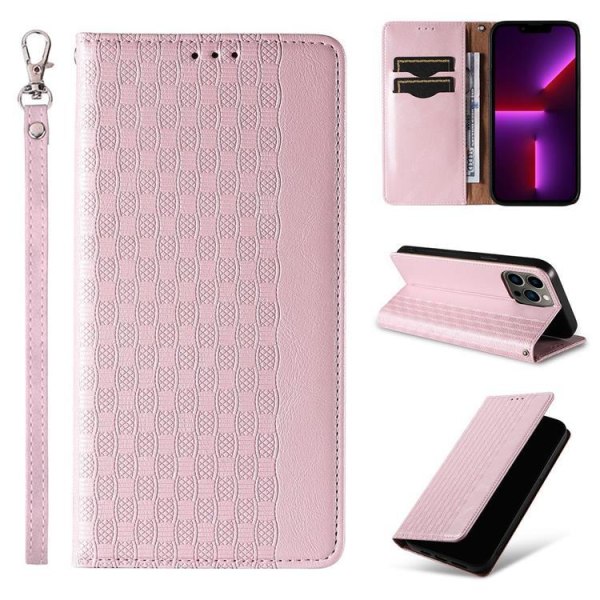 iPhone 13 Pro Max Wallet Case Magnet Strap - Pink