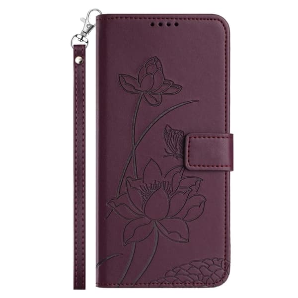 iPhone 17 Pro Max Konstläder Plånboksfodral Lotus Imprint Vinröd