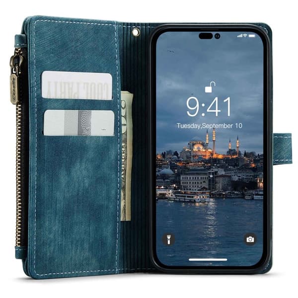 CASEME C30 iPhone 14 Pro Plånboksfodral Konstläder Blå med Kortfack