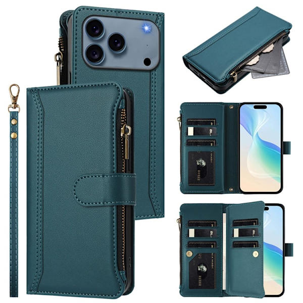iPhone 17 Pro Plånboksfodral Zipper Med Rem - Mörkgrön Grön