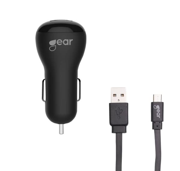 GEAR Laturi 12-24V 2xUSB 2,4A Musta MicroUSB-kaapeli litteä 1m Black