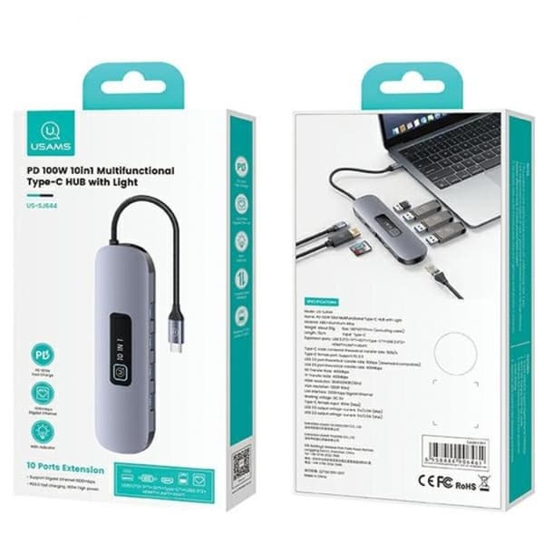 USAMS 10in1 hub 100W 3xUSB-A USB-C HDMI TF SD RJ45. VGA Svart