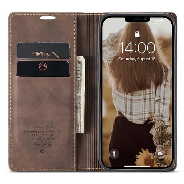CASEME 013 Wallet Mobilskal KonstLäder för iPhone 13 - Brun