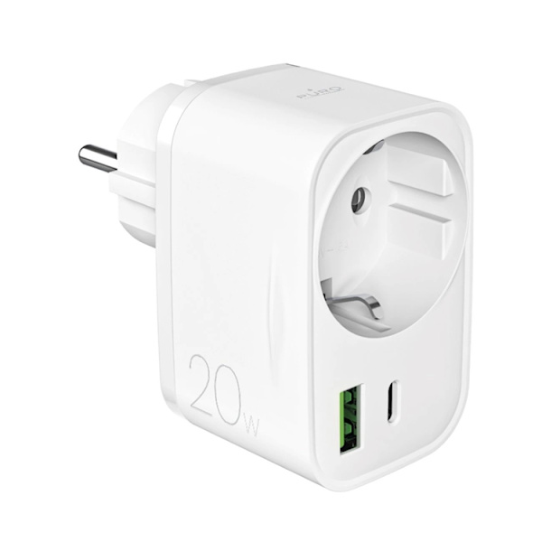 Puro Hurtigoplader 20W USB-C - USB-A med Schuko-stik - Hvid Vit