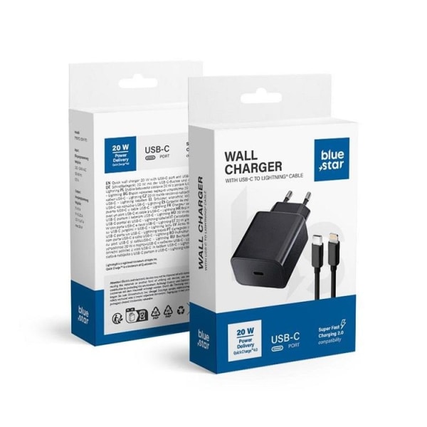 Blue Star Wall Charger Type-C Med Lightning Kabel - Sort