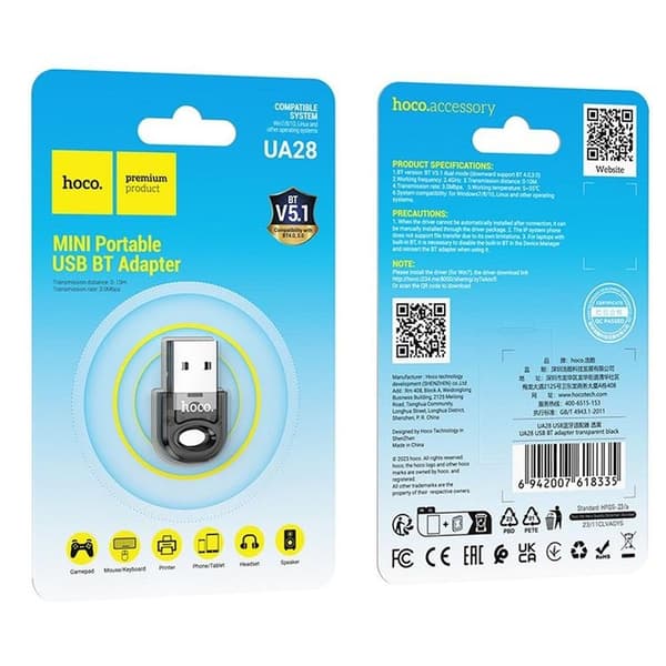 Hoco Adapter USB-A Bluetooth UA28 - Transparent Svart Svart