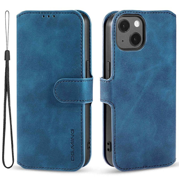 DG.MING iPhone 14 Plus Plånboksfodral Retro Stil Blå Konstläder