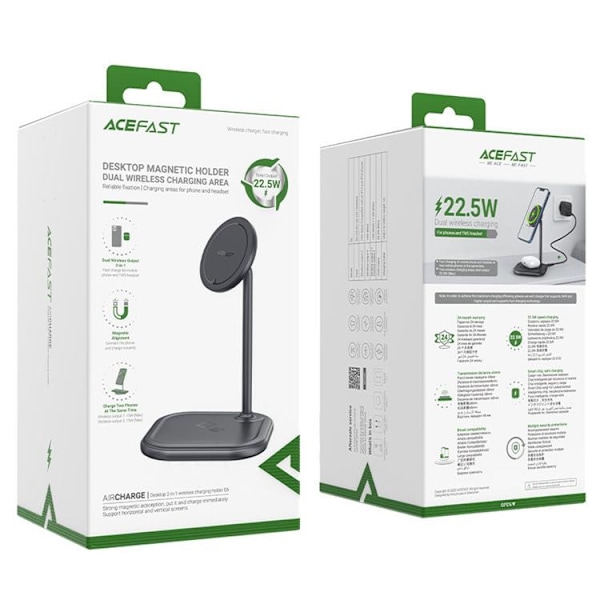 Acefast 2-in-1 Trådlös Laddare MagSafe Qi 15W Stativ iPhone Apple AirPods - Grå