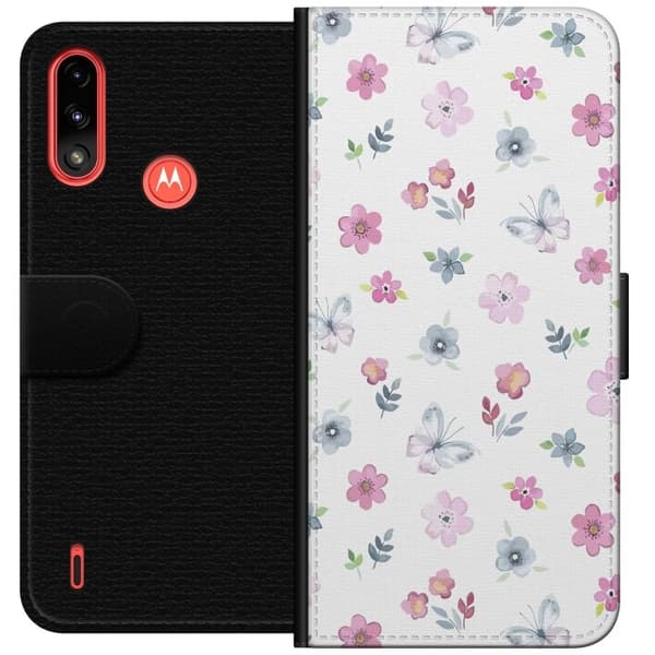 Pung Taske til Motorola Moto E7 Power med blomster og sommerfugle