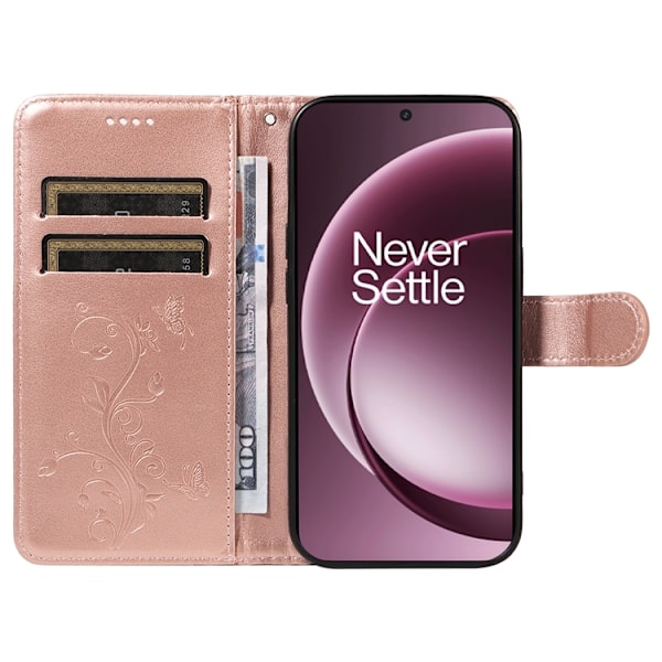 OnePlus 15 Plånboksfodral Flower Pattern Konstläder Roséguld
