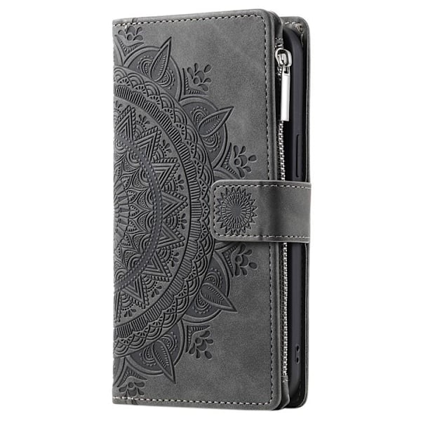 iPhone 15 Plus Plånboksfodral Mandala Flower Imprinted - Grå