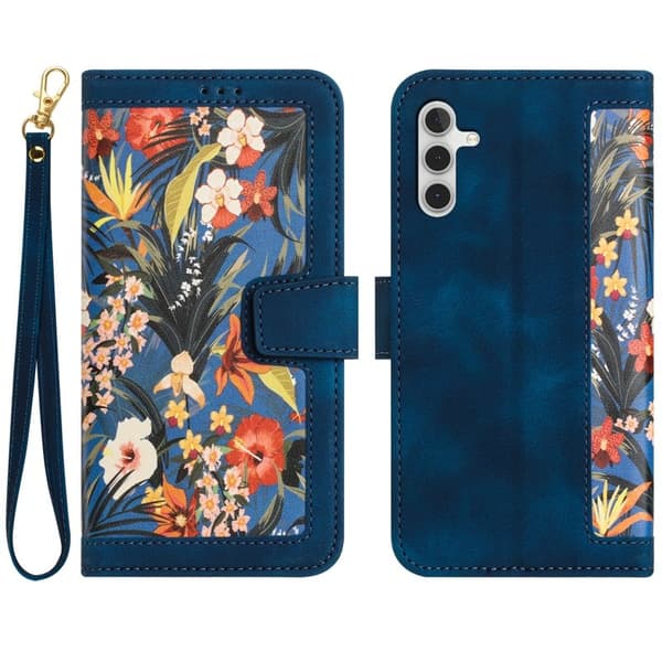 Mobilskal till Samsung Galaxy S26 Plus PU Läder Blommönster - Blå
