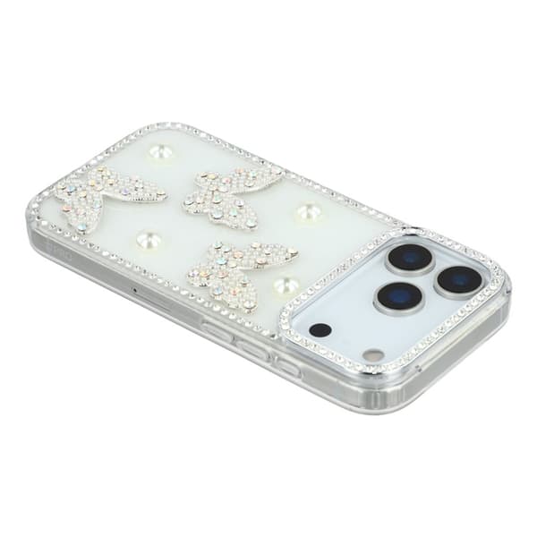 Mobilskal till iPhone 17 Pro Max Rhinestone Edge Pearl Butterfly Vit