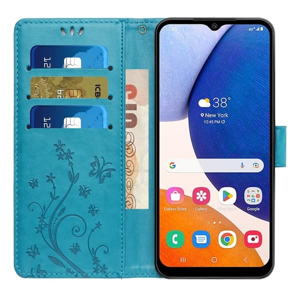 Samsung Galaxy S26 Plus Plånboksfodral Konstläder Fjäril Blommor - Blå