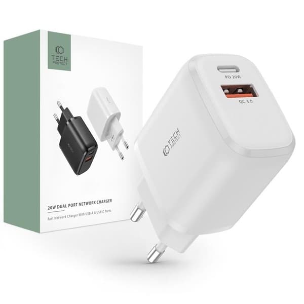 Tech-Protect C20W 2-Port Nätverk Laddare PD20W/QC3.0 - Vit Vit
