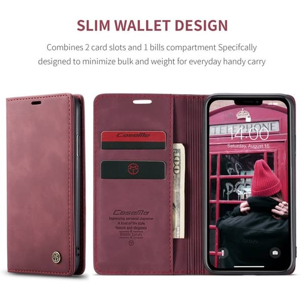 CASEME 013 Flip Konstläderplånboksfodral till iPhone 11 - Vinröd