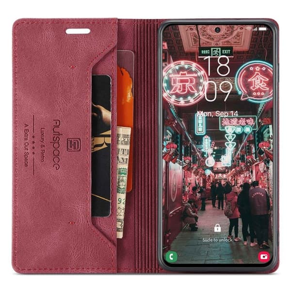 AUTSPACE A01 för Samsung Galaxy S22 5G Plånboksfodral Konstläder - Röd