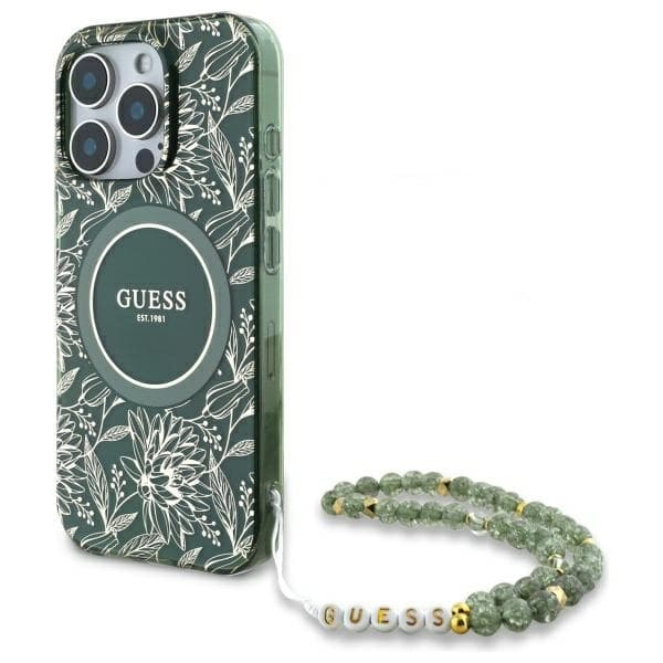 Guess Mobilskal till iPhone 16 Pro Max MagSafe IML Flowers Med Strap - Grön Grön