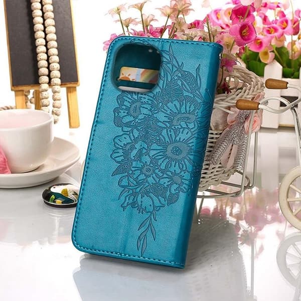 iPhone 14 Plus Plånboksfodral Butterfly Flower Imprinted - Blå Blå