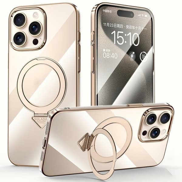 SULADA Mobilskal till iPhone 15 Pro MagSafe Kickstand Klar PC Guld
