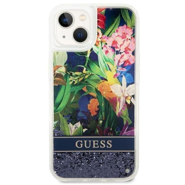GUESS iPhone 14 Plus -kotelo Flower Liquid Glitter - Sininen Blå