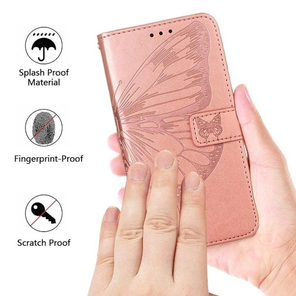 iPhone 14 Plånboksfodral Butterfly Flower Imprinted - Rosa Guld