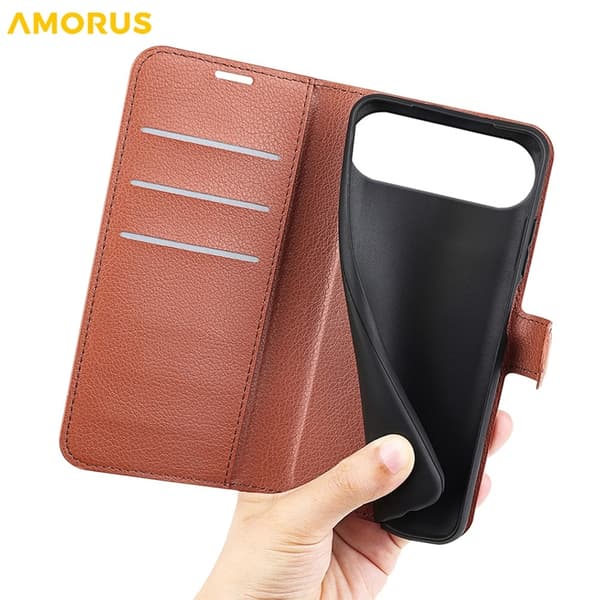 AMORUS iPhone Air Konstläder Plånboksfodral Flipstativ Litchi - Brun Brun