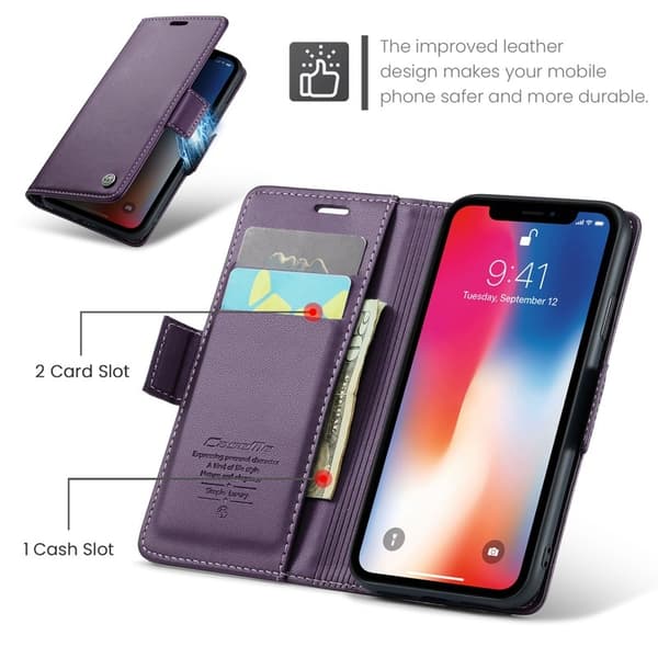 CASEME RFID-Skydd Plånboksfodral Konstläder för iPhone XS - Lila