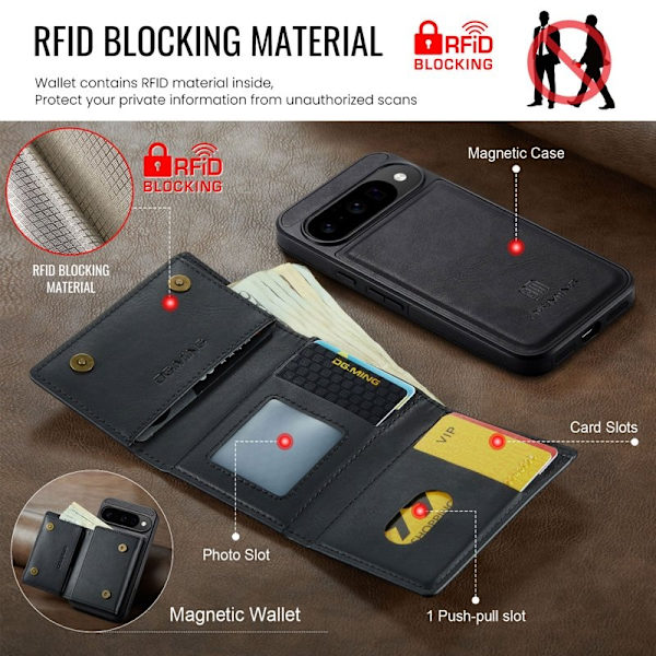 DG.MING M6 Series Konstläder Plånboksfodral för Google Pixel 10 Pro - Svart