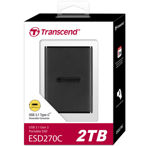 Transcend Bærbar SSD ESD270C USB-C 2TB (R520/W460) - Sort