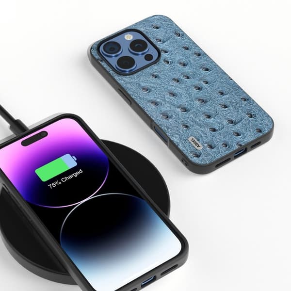 ABEEL Mobilskal till iPhone 16 Pro Max Ostrich Textur Äkta Läder Blå