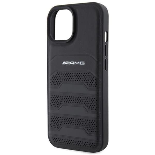 AMG iPhone 15 Plus -puhelinkotelo nahkaa, kohokuvioitu Lines - Musta Black