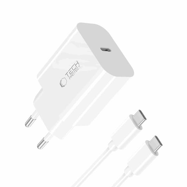 Tech-Protect Hurtigoplader NC 20W 1-Port PD 20W+Type-C-kabel Vit