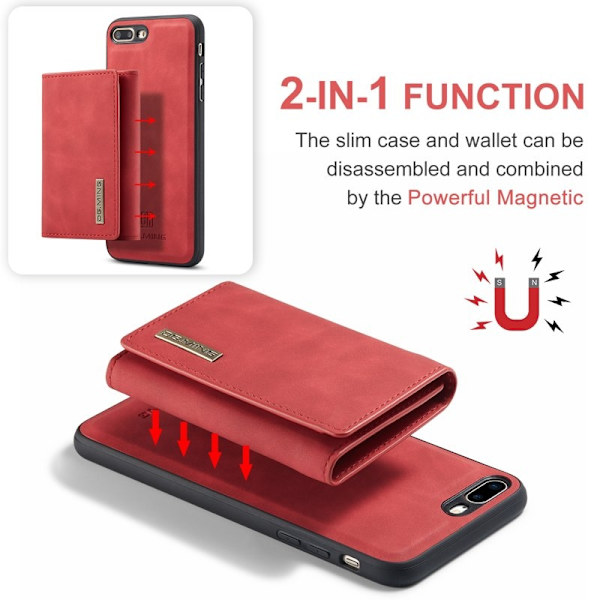 DG.MING M1 Kickstand Plånboksfodral Konstläder för iPhone 7/8 Plus - Röd