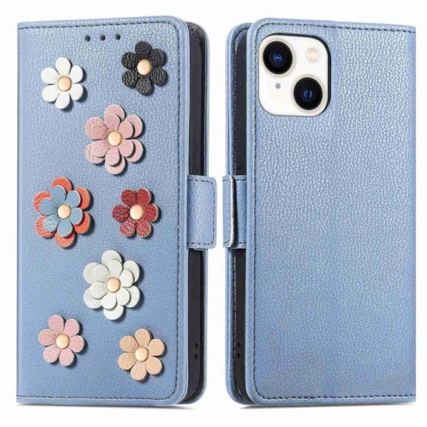 iPhone 14 Plus -lompakkokotelo Flower Decor Magneettinen - sininen