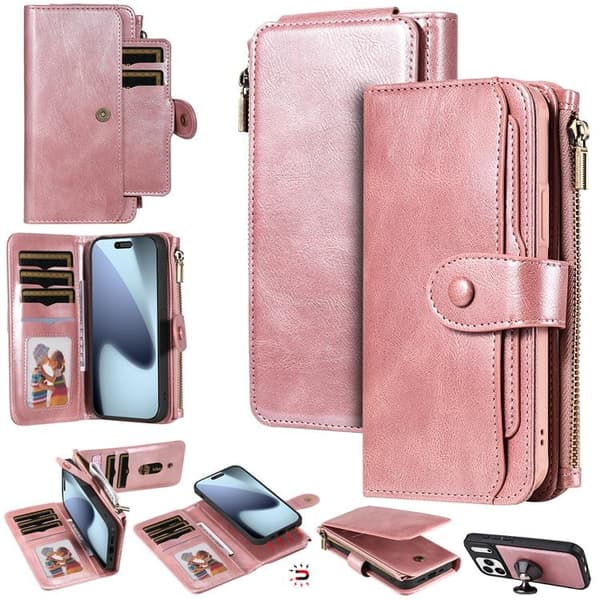 iPhone 17 Pro Max Konstläder Plånboksfodral Detachable Zipper - Roséguld Roséguld